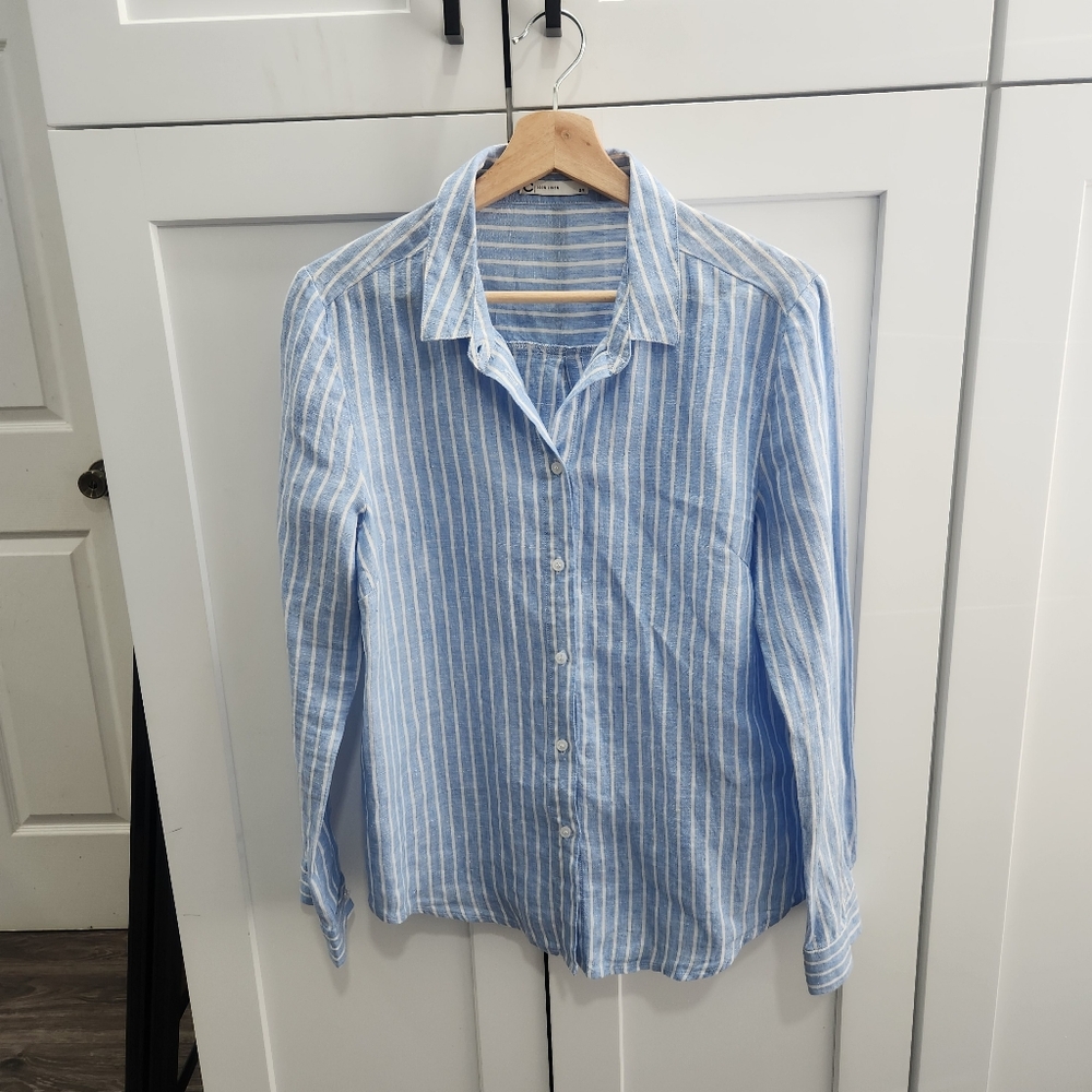 Cubus As Blue White Stripe Button Front Flax Linen Shirt